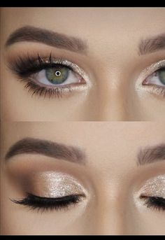 Bridal Makeup Glitter Eyes, Sparkly Wedding Makeup Brides, Evening Make Up For Blue Eyes, Make Up For Champagne Gown, Champagne Wedding Nails For Bride, Elegant Wedding Makeup Green Eyes, Sparkle Wedding Makeup, Wedding Makeup Maid Of Honor, Bridal Makeup Sparkle Eyes