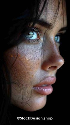 a woman's face with freckles on her skin and blue eyes is shown