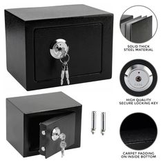 a black safe box with key lock and keys