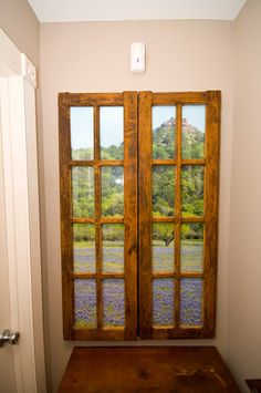 two wooden doors with glass panes on them in front of a door way that leads to a field