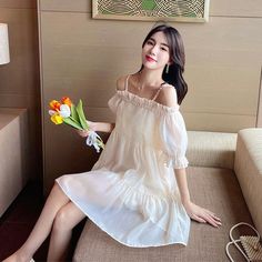 One-Line Neck Drop Shoulder Strap Mini Dress Free Dresses, Sweet Dress, Kawaii Clothes, Patterns In Nature, Dress First, Drop Shoulder, Blue Dresses, Cold Shoulder Dress, White Dress