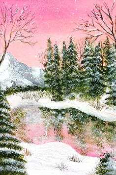 Acrylic painting on sketchbook of a winter landscape scenery with pink background sky. The scenery is full with green pine trees and the trees reflection can be seen in the lake Christmas Sky Painting, Pink Christmas Paintings On Canvas, Winter Painting Ideas Acrylic, Winter Painting Ideas On Canvas, Pink Christmas Painting, Christmas Paintings Acrylic, Winter Painting Easy, Acrylic Christmas Paintings, Paint Pine Trees