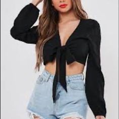 Crinkle V Blouson Slv Tiefront Crop Black 10 G2 Casual V-neck Blouse For Going Out, Trendy Blouse For Going Out In Spring, Black Tops For Going Out In Spring, Long Sleeve Crop Top For Summer Nights Out, Casual Black Blouse For Going Out, Casual Cropped Tops For Going Out, Trendy V-neck Blouse For Going Out, Black Crop Top Blouse For Spring, Trendy Black Cropped Blouse