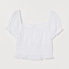 Short Top In Crinkled, Woven Sheer See-Through Cotton Fabric. Square Neckline With Covered Elastic, Elastic Over Shoulders, And Short Puff Sleeves With Elasticized Cuffs. Smocked Lower Section With Ruffle At Hem. 100% Cotton White Crinkle Texture Blouse, Casual Crinkle Texture Tops For Day Out, Summer Tops With Crinkle Texture For Daywear, Summer Crinkle Texture Blouse For Day Out, Summer Crinkle Texture Top For Daywear, White Crinkle Texture Blouse For Summer, Casual Crinkle Texture Top For Daywear, Fitted Crinkle Texture Tops For Spring, Casual Crinkle Texture Top For Vacation