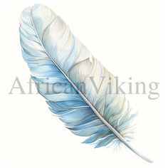 a blue and white feather is shown in this watercolor painting by artist alex viking