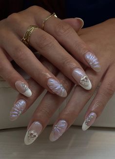 Shimmer Nails With Design, Nail Art Designs Luxury, Opal Nails With Design, Summer Nail Inspo Tapered Square, Pearlesant Nails, Erica Titus Nails, Elongated French Tip, Gel Nails Ideas Korean, Raised Nail Art