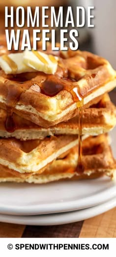 stack of homemade waffles with syrup and butter drizzled on top