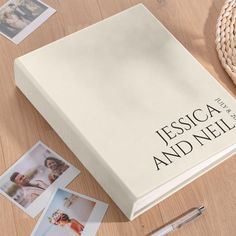 a white book with the words, jesusa and neil on it next to some photos