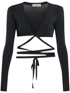 jet black stretch-design strap detailing plunging V-neck rear tie fastening long sleeves cropped Neck Crop Top, Jersey Shirt, Black Crop Tops, Black Stretch, Jet Black, Dream Closet, Black Shirt, Crop Top, Long Sleeves