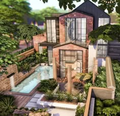 an artist's rendering of a modern house in the middle of a garden area