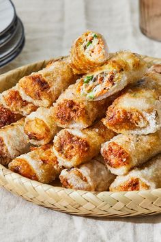 a basket filled with fried food on top of a table