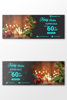 two christmas sale banners with ornaments and lights