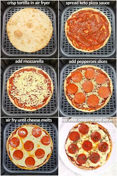 six different types of pizzas are shown on the griddle tray, with instructions for how to make them