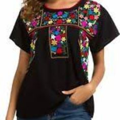 Yzxdorwj Women's Summer Casual Embroidered Blouse Short Sleeve Top New With Tags Size Xxl Black Crew Neck Blouse With Floral Embroidery, Black Embroidered Relaxed Fit Tops, Black Cotton Tops With Geometric Embroidery, Embroidered Black Relaxed Fit Tops, Traditional Black Shirt With Floral Embroidery, Casual Black Blouse With Floral Embroidery, Spring Black Embroidered Shirt, Black Short Sleeve Embroidered Casual Top, Black Summer Blouse With Geometric Embroidery