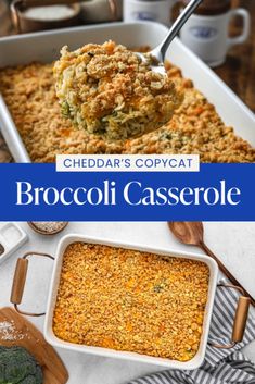 broccoli casserole in a white dish with a serving spoon