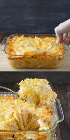 two pictures showing how to make an enchilada casserole with cheese