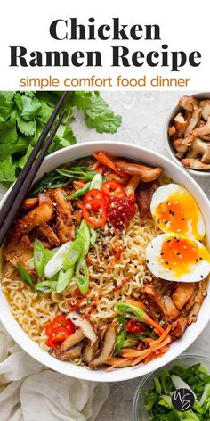 chicken ramen recipe in a bowl with chopsticks and vegetables on the side