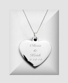 "This personalized silver heart pendant necklace is a great gift for that special someone. Our custom engraved heart necklaces can be personalized with your message including names and dates. Both sides of the heart pendant can be engraved.  DIMENSIONS: 1 inch wide x 1 inch tall Material: High Polished Surgical Stainless Steel How To Send Engraving Instructions: When you are ready to order click ADD TO CART.  During checkout fill out the ADD A NOTE section with your engraving instructions. You c Engraved Heart Necklace, Heart Necklaces, Heart Charm Necklace, Silver Heart Pendant, Necklace Heart, Silver Heart Necklace, Bridesmaid Necklace, Engraved Items, Engraved Necklace