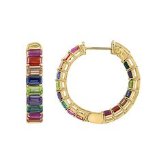 Radiance by Absolute™ 6.78ctw Emerald-Cut Stone Rainbow Hoop Earrings There's no end to the rainbow of styling possibilities you'll discover in this hoop earring. Lots of sparkling, simulated diamond color make the spirited, inside-outside design such a vibrant and versatile look. Wear the hoop as a statement single. Style it with other small studs, drops and hoops. Either way, it's a fab choice for special days or any day.        Each approx. 15/16"L x 13/64"W     Stamped .925 sterling silver; Multicolor Multi-stone Hoop Earrings For Anniversary, Luxury Rainbow Hoop Jewelry, Luxury Rainbow Colored Fine Jewelry Earrings, Multicolor Multi-stone Hoop Earrings As Gift, Multicolor Multi-stone Hoop Earrings, Signature Jewelry, Emerald Cut, Colored Diamonds, Design Trends