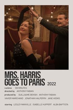 the poster for mrs harris goes to paris, featuring two people in black and white