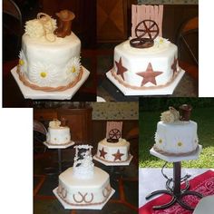 four different cakes decorated with cowboy themed decorations