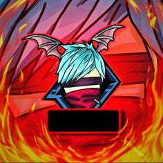 an image of a cartoon character with blue hair on fire and flames in the background