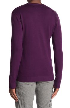 Pair this pullover sweater with any item in your closet for semi-casual style.Fit: this style fits true to size.- Crew neck- Long sleeves- Ribbed knit construction- Solid colorway- Approx. 28" length (size M)- Imported. Dry clean 50% nylon, 30% viscose, 20% polyester Casual Purple Turtleneck Sweater, Purple Knit Turtleneck Sweater, Purple Crew Neck Knit Sweater, Purple Knit Crew Neck Sweater, Crew Neck Polo Sweater For Layering, Purple Crew Neck Sweater For Layering, Stretch Crew Neck Cardigan, Purple Textured Knit Crew Neck Top, Knit Crew Neck Cardigan For Layering