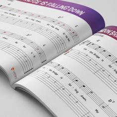 an open book with music notes on the pages and numbers in red, white, and blue