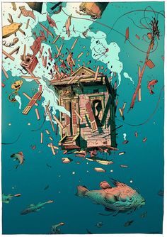 an image of a house floating in the water surrounded by fish and debris, as if it were sinking