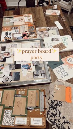 a wooden table topped with lots of different types of cards and papers on top of it