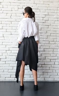 Asymmetric Linen Skirt/Long Short Extravagant Skirt/Black | Etsy Skirt With Suspenders, Modern Skirt, Loose Skirt, Jumpsuit Skirt, Suspender Skirt, Skirt Jumpsuit, Skirt Long, Linen Skirt, Urban Style