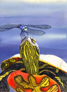 a painting of a dragonfly sitting on top of a turtle