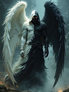 Angel And Demon Wallpaper, Demon With Wings, Dark Angel Aesthetic, Angel Demon Tattoo, Angel Or Demon, Dark Angel Wallpaper, Angel Wings Black, Angle And Demon, White Demon