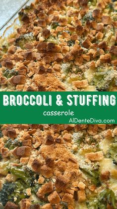 broccoli and stuffing casserole in a pan with the title above it