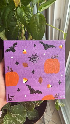 a hand holding up a purple box with bats and pumpkins on it next to a potted plant