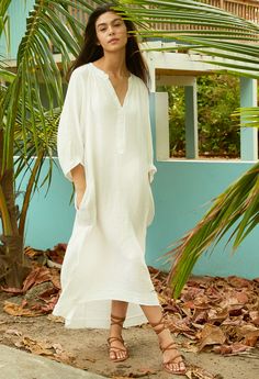 Eco friendly caftans and tunics inspired by the ocean, made on main street. Ethically sourced and locally made in Los Angeles. As soon as we felt this cozy, 100% cotton fabric, we knew it would be a staple. The double gauze fabric feels like you are wearing your favorite pajamas, and bonus, it's not the least bit sheer! To make it even more irresistible, we added pockets and a flattering asymmetric hem and the raw edge details add a bit of deconstructionist chic. Once it's on, we dare you to tak White Gauze Dress, Easy Wear Dresses, Gauze Tunic, Ladies Who Lunch, Linen Gauze, Double Gauze Fabric, By The Ocean, Gauze Dress, Gauze Fabric