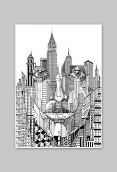 a black and white drawing of a cityscape with skyscrapers in the background