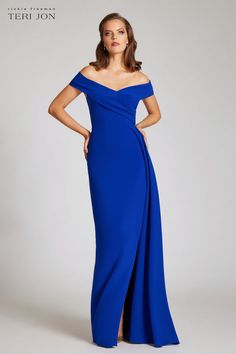 A gorgeous classic evening gown with a chic twist. This formal portrait dress is crafted with stretchy crepe fabric and features the ideal amount of coverage with off-the-shoulder sleeves and a front slit. The sweetheart neckline creates a feminine and flattering look, with ruching throughout the waist, and a straight bottom. Pair with gold accents and nude heels to tie everything together.Color: Royal BlueOff the Shoulder NecklineRuched WaistFront SlitFloor Length Wear as Mother of the Bride or Groom, to a gala, or black tie affair Formal Portrait, Drape Gown, Portrait Dress, Jacquard Shirt, Black Tie Affair, Plus Size Shopping, Nude Heels, Crepe Fabric, Hip Length