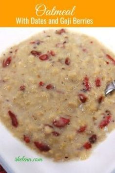 oatmeal with dates and goji berries in a white bowl on a table