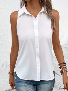 Eromis - Sophisticated Womens Sleeveless Shirt: Elegant Button Front Top for Casual Summer Wear Elegant Summer Tank Top With Buttons, Solid Sleeveless Tank Top With Button Closure, Summer Collared Tank Top, Elegant Button-up Tank Top For Summer, Elegant Button-up Summer Tank Top, Elegant White Tank Top With Button Closure, Elegant White Tank Top With Buttons, Shirt Elegant, Casual Summer Wear