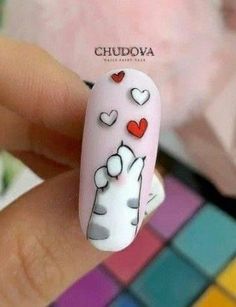 117 Nail Art Ideas To Turn Your Nails Into Tiny Little Artworks Animals Print Nail Art, Cat Design Nail Art, Valentines Nails Heart, Nail Ideas Valentines, Tumblr Nail Art, Nails Valentines Day, Sculpted Gel Nails