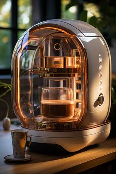 a coffee maker sitting on top of a wooden table