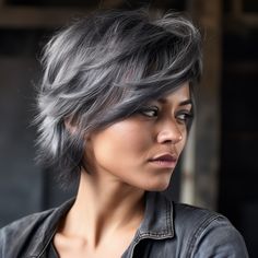 Silver Balayage On Dark Hair Short, Gray Hair With Black Underneath, Dark Ash Gray Hair, Brown Hair Going Grey, Dark Grey Hair Color, Haircuts Color, Gray Blending, Grey Blending, Black And Grey Hair