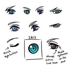 an image of different eyes with the words iris on them and how to draw them