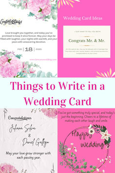 wedding cards with pink flowers on them and the words, things to write in a wedding card