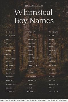 the poster for whimsical boy names, which are in front of trees