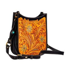 What A Bag! This Beautiful Leather Bag Features Stunning Hand-Tooled Leather, In Vibrant Hues Of Sunrise Yellow, Golden Orange And Turquoise. It's All Paired Perfectly With Gorgeous Ebony Leather. This Amazing Bag Measures Approximately 7.5” Wide X 2” Deep X 8” Tall With A Zipper-Close Top. The 22” Adjustable, Removable Shoulder Strap Is In Matching Ebony Leather And Features Metal Conchos On Each Side. Tooled Leather Bag, Hand Tooled Leather, Orange And Turquoise, Tooled Leather, Leather Tooling, A Bag, Leather Purses, Leather Bag, Black And Brown