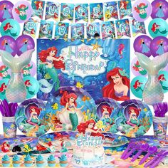 the little mermaid birthday party supplies including plates, cups and napkins are on display