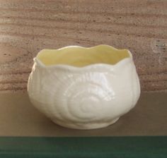 a small white bowl sitting on top of a wooden table next to a green shelf