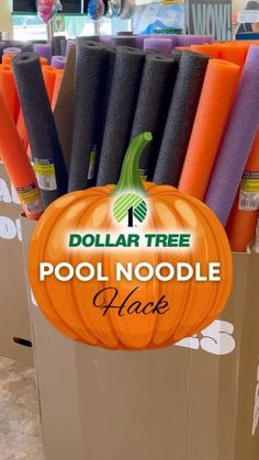 the dollar tree pool noodle has been placed in a box with orange and black fabric